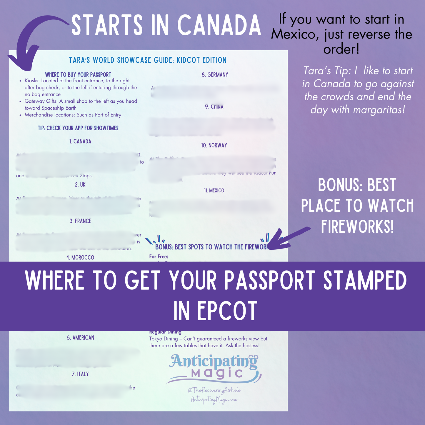 Kidcot Fun Stop Location Guide for Epcot World Showcase, Where to get your passport stamped in Epcot, where to watch fireworks in Epcot
